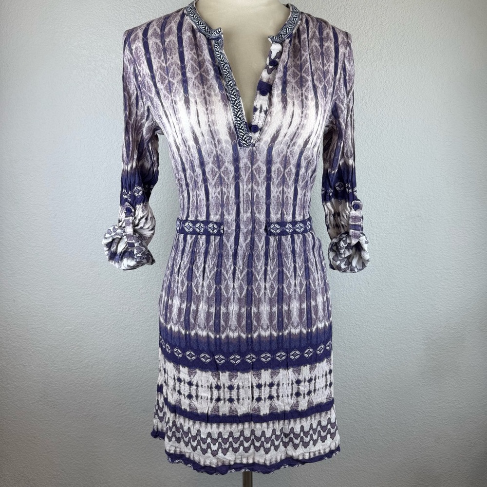 Alya Boho Purple Blue Tie Dye Buttoned Dress with 3/4 Cuffed Sleeves Embroidered
